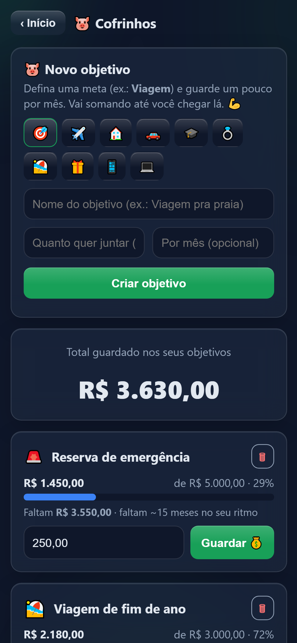 Cofrinhos com progresso