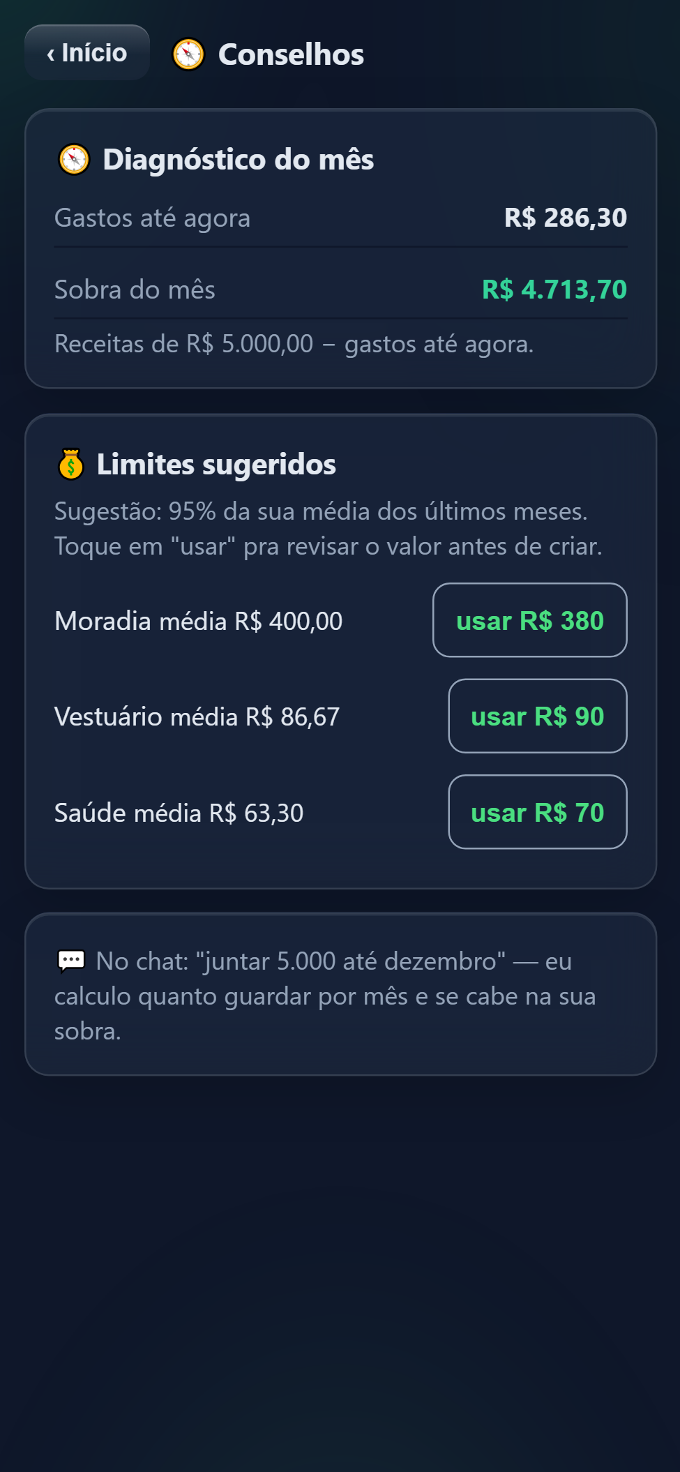 Conselhos e limites sugeridos