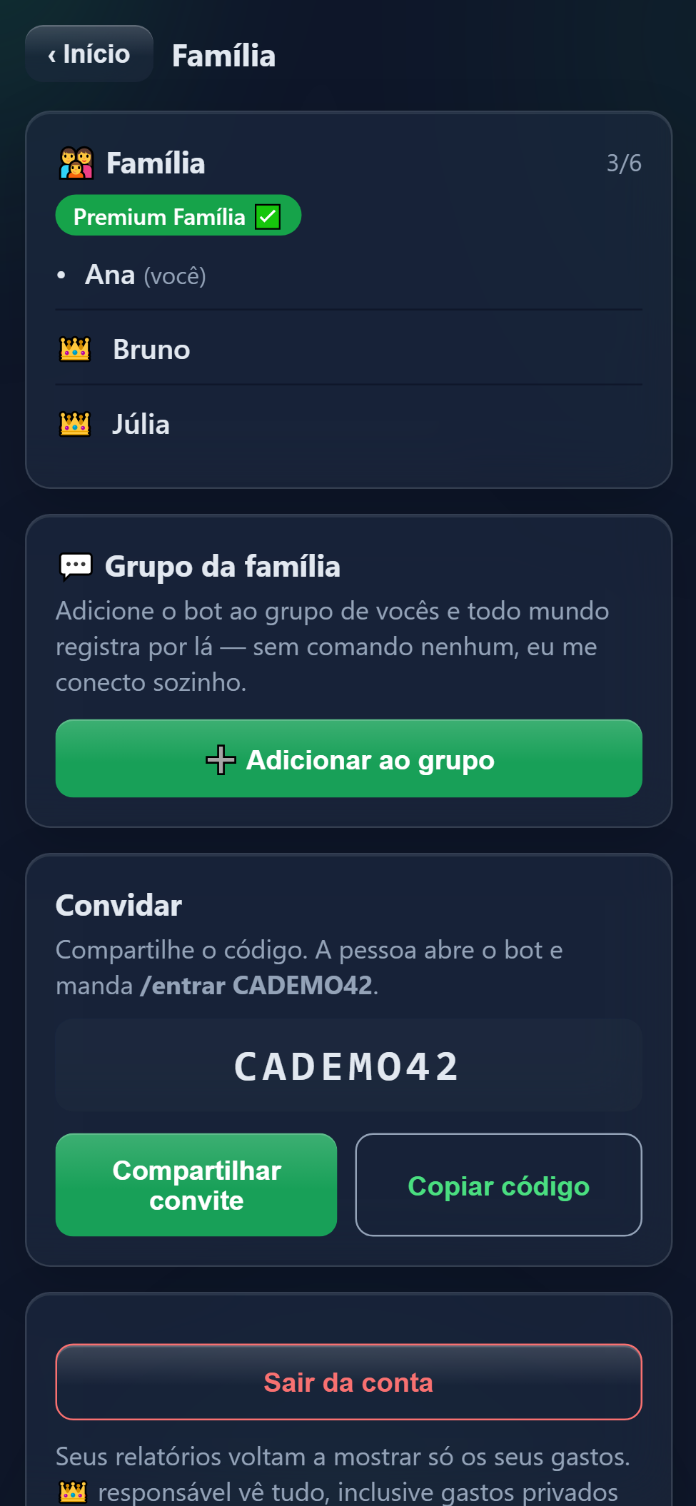 Família e grupo do Telegram