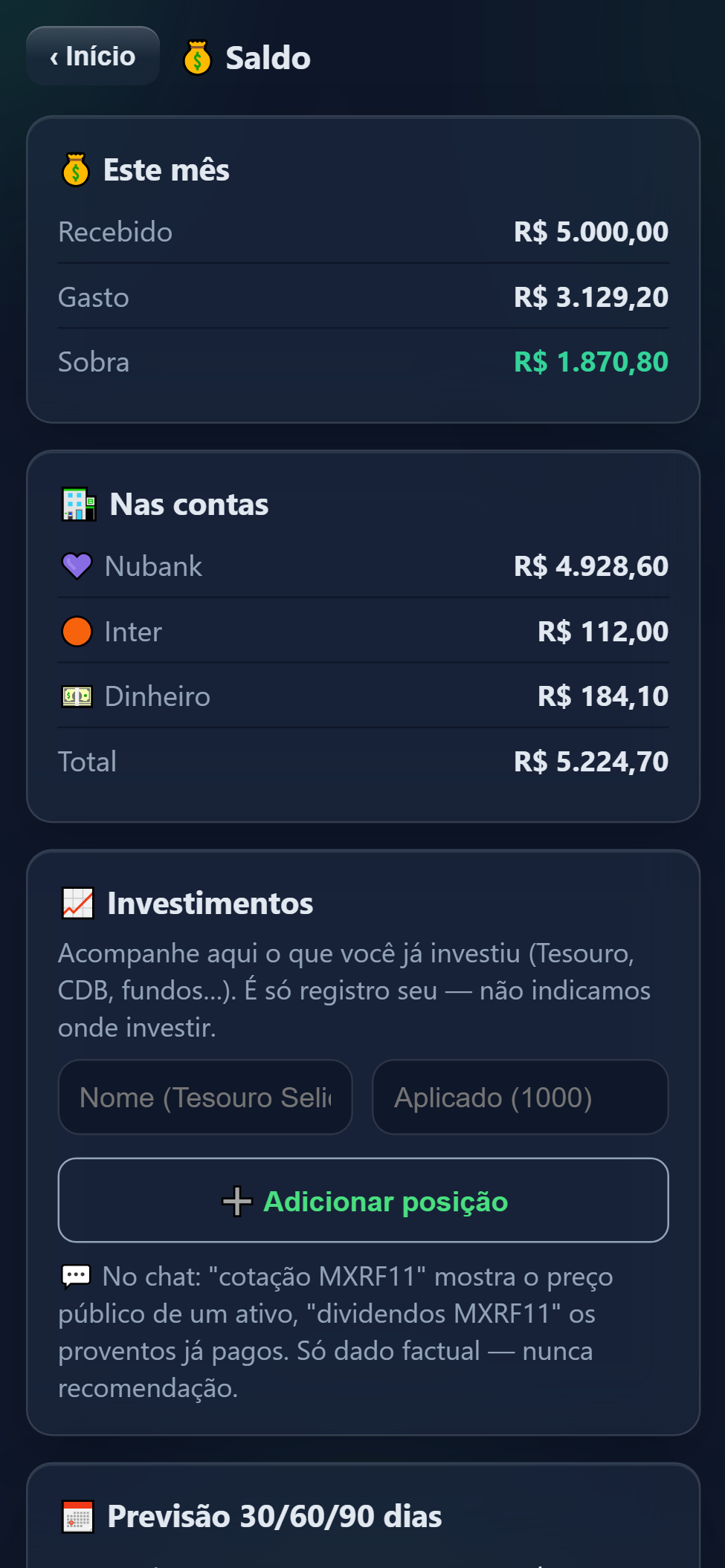 Saldo por conta e previsão