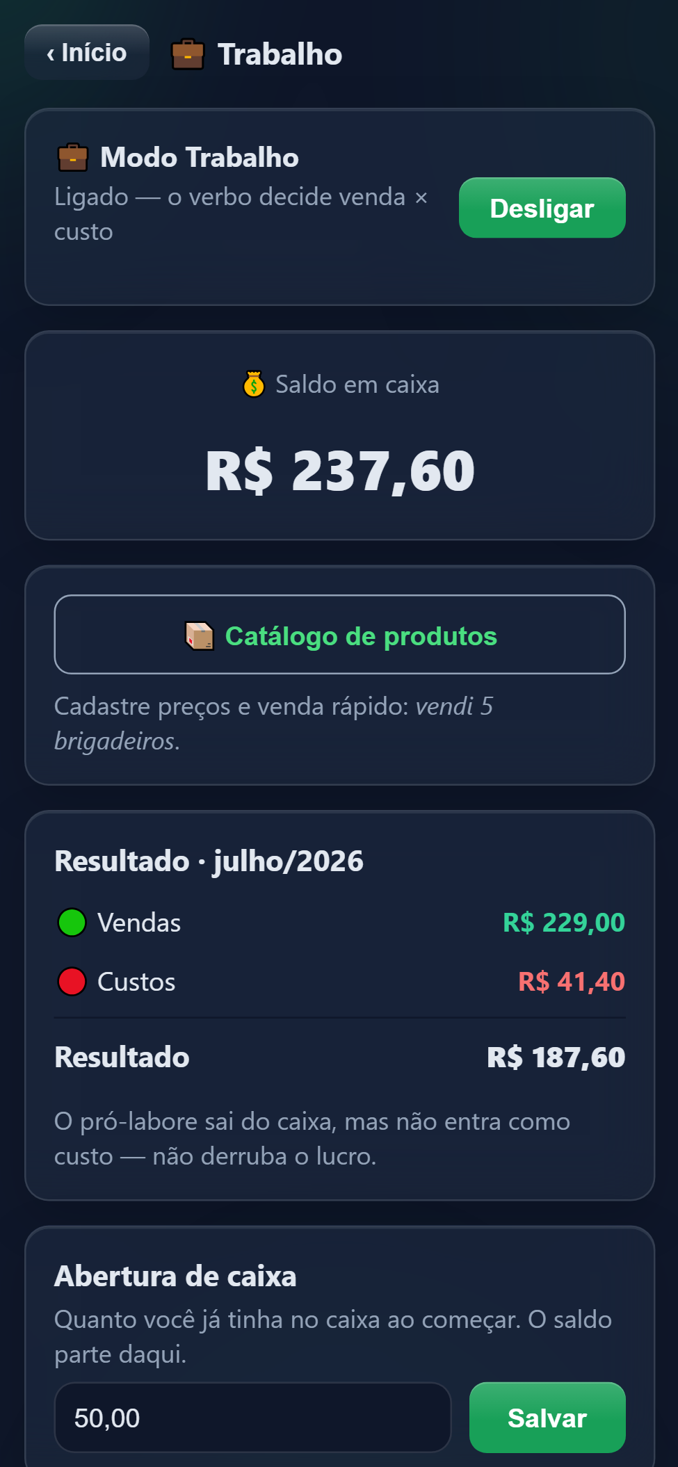Modo Trabalho com caixa do dia